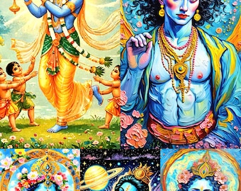 May include: A vibrant collage of five digital paintings depicting Hindu deities. The figures, with blue skin, are adorned with gold jewelry and crowns. One figure plays a flute, while others are surrounded by floral and celestial elements, creating a colorful and spiritual theme.