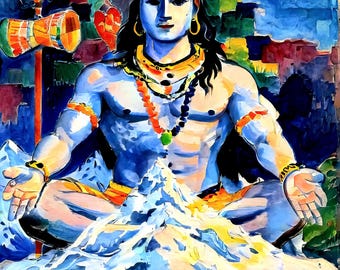 May include: An artistic depiction of a seated figure with blue skin, adorned with jewelry, and a serene expression. The artwork features a vibrant color palette, including shades of blue, yellow, and red, with a backdrop of abstract shapes and a sun. The figure is seated on a mountain.