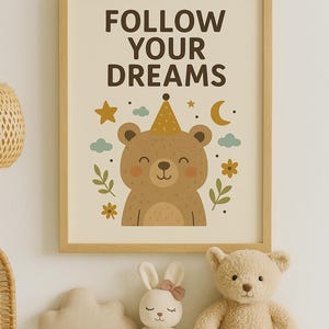 Follow Your Dreams – Cute Bear Nursery Wall Art Printable – Kids Room Decor – A4 Digital Download