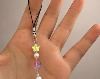 Fairycore Iridescent Heart Phone Charm: Stars and charms with Pearls, Bag Accessory