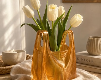 Personalisierte Taschenvase, durchscheinende Trockenblumendekoration, modernes Wohnaccessoire (20 cm)