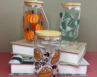 Personalized Seasonal Glass Tumbler: Fall, Thanksgiving, Christmas Designs