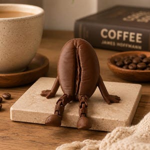 May include: A brown, anthropomorphic coffee bean figurine with articulated arms and legs, seated in a relaxed position. The figure features a textured surface mimicking a roasted coffee bean, complete with a central vertical cleft and jointed limbs.