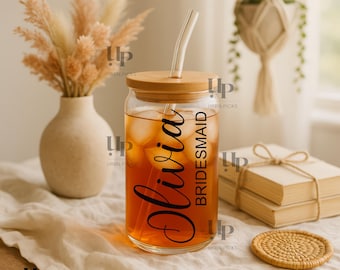 Personalized Iced Coffee Glass Cup: Birth Flower Design, Bamboo Lid