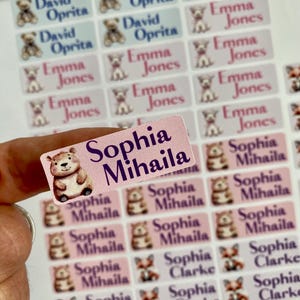 May include: A sheet of personalised name labels with a pink background. The labels feature names such as "Sophia Mihaila", "David Oprita", and "Emma Jones". Each label has a small illustration of a teddy bear or fox.