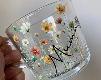 Personalized Pastel Floral Glass Mug: Custom Name Coffee Cup