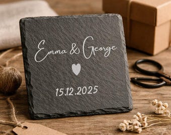 Personalized Slate Coaster – Engraved Name & Date, Rustic Wedding Favor