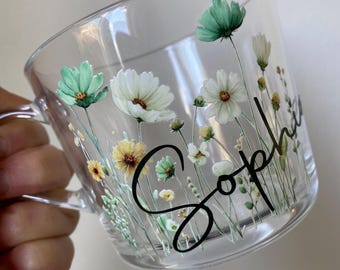 Personalized Boho Floral Glass Mug: Custom Name Coffee Tea Cup