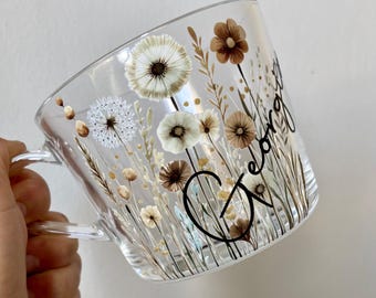 Personalized Floral Glass Mug: Wildflower Design, Custom Name