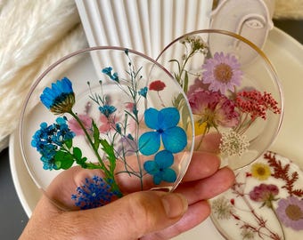 Real Pressed Flower Resin Coasters, Botanical Table Decor, Handmade Floral Home Accent