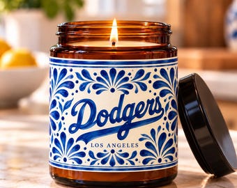 Vela de soja de los Dodgers de Los Ángeles, vela de cerámica con diseño floral azul