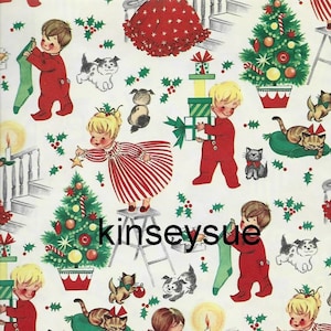 Vintage Christmas Wrapping Paper Children Decorating for Christmas ca. 1950s One Flat Sheet Vintage Christmas Gift Wrap