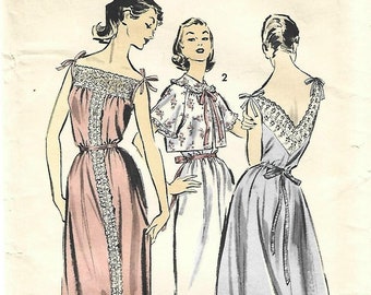 1950s Boat Neck Nightgown Low V Back in Two Lengths and Bedjacket Easy to Sew Advance 8490 C/C Bust 40 Women's Vintage Sewing Pattern