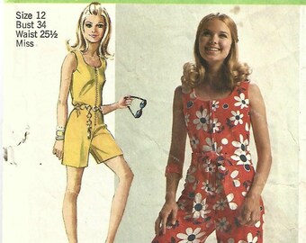 1970s Misses' Jumpsuit or Romper Sleeveless Easy to Sew Simplicity 8787 Bust 34 Cut Complete Women's Vintage Sewing Pattern