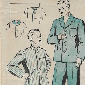 May include: A vintage sewing pattern envelope labeled 1362, 15c, and 34-36, featuring illustrations of two pajama sets. One set is solid teal with a collared shirt, and the other is teal-striped with a mandarin collar. Text reads New York Gold Seal Pattern.