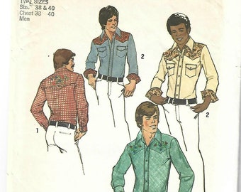 1970s Men's Western Cowboy Shirt Nashville Style Yellowstone Yokes Transfer Simplicity 6693 UNUSED Chest 38 & 40 Mens Vintage Sewing Pattern