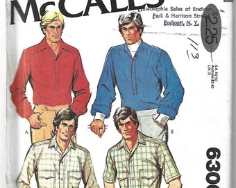 1970s Men's Shirt Pullover or Buttoned Short or Long Sleeves McCall's 6306 UNCUT FF Chest 40 Men's Vintage Sewing Pattern