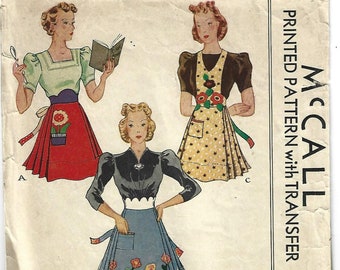 1930s Misses' Half Aprons Bib Apron with Cluster Pleats and Patch Pockets McCall 725 ORIGINAL Cut Complete Women's Vintage Sewing Pattern