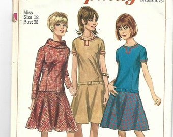 1960s Mod Drop Waist Dress Neckline Variations Simplicity 6674 Cut Complete Bust 38 Women's Vintage Sewing Pattern