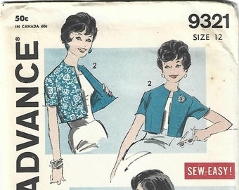 1960s Misses' Jackets Reversible Cardigan or Bolero Advance 9321 Cut/Complete Bust 32Women's Vintage Sewing Pattern