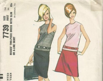 1960s Drop Waist Sheath Sleeveless Two Piece Dress C/C McCall's 7739 Bust 34 Women's Vintage Sewing Pattern