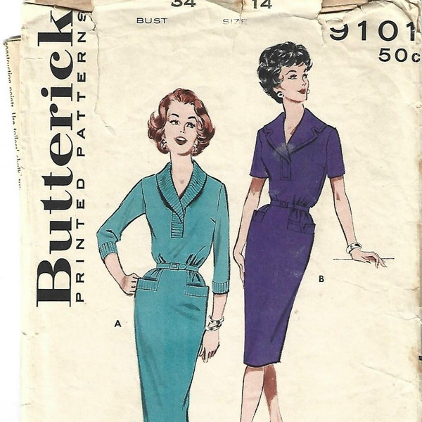 1960s Slim Dress Sleeve Variations Collar Interest Butterick 9101 Cut/Complete Bust 34 Women's Vintage Sewing Pattern