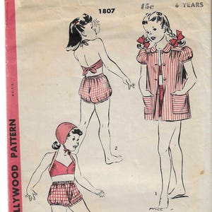 Hollywood 1807 1940s Girl's Smock and Two-Piece Playsuit (Bloomers/Bra) Factory Folds Breast 24 6 Years Vintage Girl's Sewing Pattern