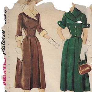 May include: Vintage Simplicity sewing pattern featuring two dress designs. One dress is brown with a cream collar and cuffs, the other is green. The pattern includes the text "Simplicity" and "IS AMERICA'S FASHION".