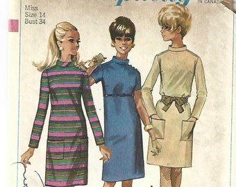 1960s Misses' Dress Stand Up Collar Sleeve Variations Simplicity 7346 UNCUT FF Bust 34 Women's Vintage Sewing Pattern