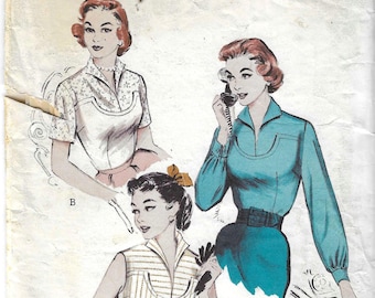Butterick 6856 1950s Misses' Yoked Blouses Cut Complete Bust 34 Women's Vintage Sewing Pattern