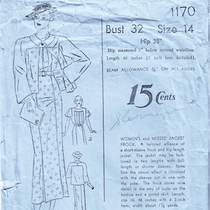 May include: Vintage sewing pattern featuring a fashion illustration of a woman in a dress and jacket. The pattern includes measurements and instructions for a short-sleeve frock and hip-length jacket. The Advance Patterns logo is at the bottom.