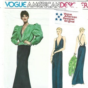 Vogue 2303 1980s Plunging V Neck Backless Evening Dress & Jacket Bill Blass UNCUT FF Label Size 10 Bust 32.5 Women&#39;s Vintage Sewing Pattern
