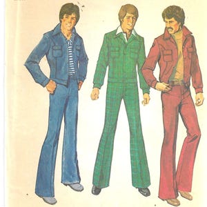 May include: A Simplicity 6593 sewing pattern envelope for size 38 chest. The illustration features three outfits: a blue jacket and pants with a striped shirt, a green plaid jacket and pants, and a red jacket and pants with a tan turtleneck.
