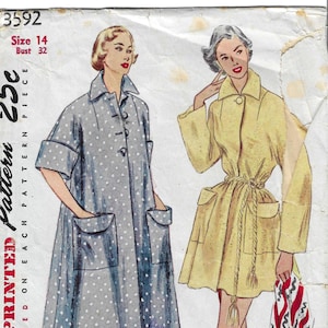 May include: A vintage Simplicity sewing pattern envelope 3592, size 14, bust 32. The illustration shows two coat styles: a blue coat with white polka dots and large pockets, and a yellow coat with a tie waist, pockets, and a collar.