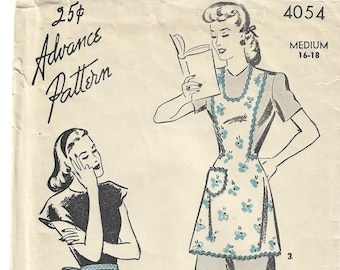 1940s Women's Aprons Half Aprons and Bib Aprons Used Complete Advance 4054 Size Medium Bust 34 - 36 Women's Vintage Sewing Pattern