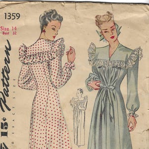 May include: Vintage Simplicity pattern featuring two long dresses. One dress is white with red polka dots, the other is a light blue. The pattern includes the text "Simplicity 15¢ Pattern" and "Size 14 Bust 32".