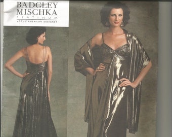 Backless Bias Cut Evening Dress Bra Top Front Drape and Stole Vogue 1079 Badgley Mischka UNCUT FF Sz 12,14,16 Women's Sewing Pattern