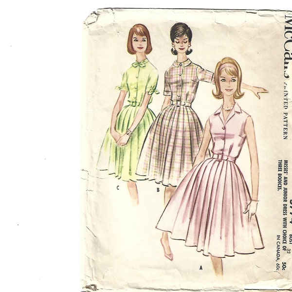 1960s Misses' Shirtwaist Dress with Choice of Three Bodices McCall's 5774 C/C Bust 32 Women's Vintage Sewing Pattern