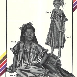 May include: A black and white sewing pattern for a lacy gown and robe for girls. The pattern number is 2096. The pattern is designed by Ann Person. The pattern includes instructions for sewing machines and sergers. The chest sizes are 21, 23, 25, 27, 29, and 31 inches.