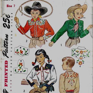 May include: Vintage Simplicity pattern 2273 for Western-style shirts. The illustration shows a red, green, white, and tan shirt with floral embroidery. The pattern includes size 7. The price is 25 cents.