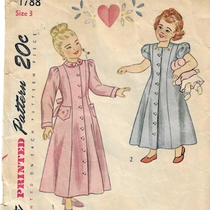 Simplicity 1788 1940s Girl's Housecoat Robe Size 3 Children's Vintage Sewing Pattern