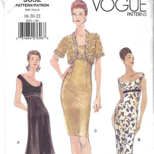 Vogue 9852 1990s Misses&#39; Jacket and Dress in Various Lengths Sleeveless UNCUT FF Sizes 18 - 22 Bust 40 - 44 Women&#39;s Sewing Pattern
