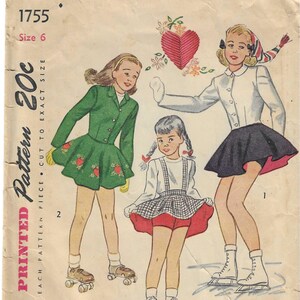 May include: Vintage Simplicity sewing pattern 1755, size 6. The illustration shows three girls in skating and roller skating outfits. The pattern includes a green jacket and skirt, a white shirt with suspenders and shorts, and a white shirt with a black skirt.