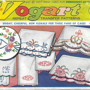 May include: Vintage Vogart transfer patterns for embroidery or painting. The image shows white handkerchiefs with floral and bird designs, and text that says "ME", "YOU", "MR", and "MRS". The patterns are bright and cheerful.