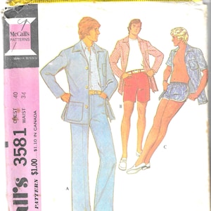 May include: Vintage McCall's pattern 3581 featuring illustrations of men's patio jackets, pants, walking shorts, and swim trunks. The pattern includes a light blue jacket and pants, red shorts, and blue swim trunks.