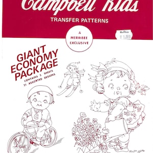 May include: A red and white Campbell Kids transfer pattern package. The package includes illustrations of children skiing, riding a bicycle, and watering flowers. The text reads "Giant Economy Package" and "May be used for embroidery or painting."