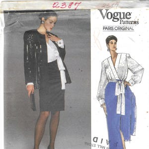 May include: A Vogue Patterns sewing pattern envelope for Givenchy design 2387. The front displays a photograph of a black sequined jacket and skirt ensemble, alongside a fashion illustration of a white blouse and blue skirt. Text includes 2387.