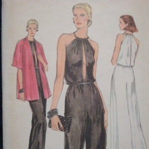 1970s Evening Halter Dress or Pant Dress Pattern Slit Bodice & Back Jacket Cut/Complete Vogue 9634 Bust 34 Women's Vintage Sewing Pattern