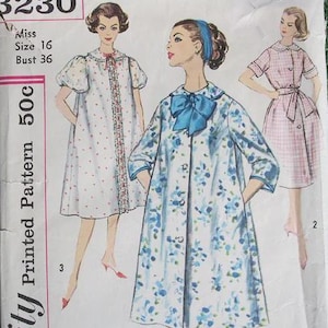 May include: A Simplicity sewing pattern envelope 3230 for Miss Size 16, Bust 36. The cover features illustrations of three different dress styles: a white dress with red dots, a blue floral print dress with a large bow, and a pink plaid dress.