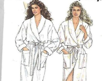 1990s Misses' Robe Easy to Sew Shawl Collar Long Sleeves Patch Pockets Simplicity 7507 UNCUT FF Bust 31.5-42 Women's Vintage Sewing Pattern